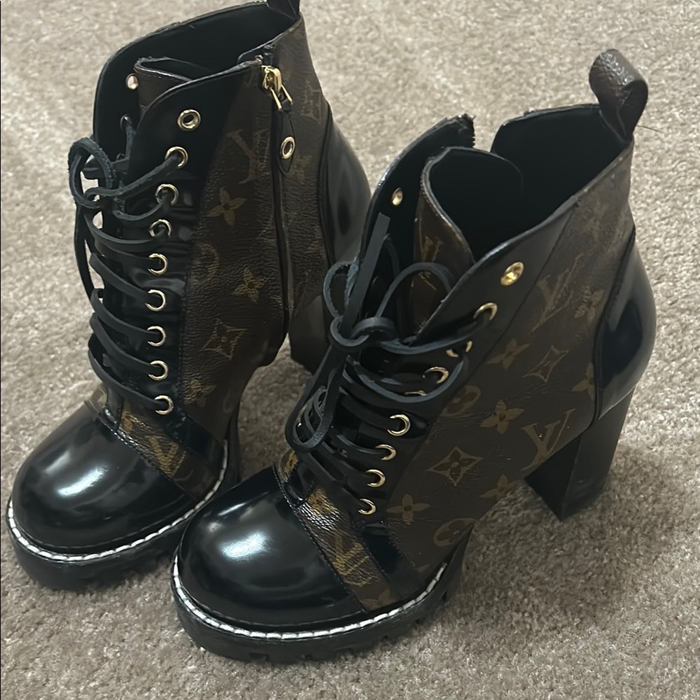 Louis Vuitton Black and Brown Heeled Boots with Chunky Heel